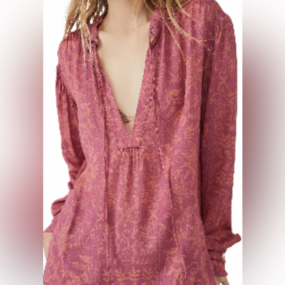 Free People NWT Mia Print Tie V Neck Long Sleeve 3 button cuff Tunic Top size -S